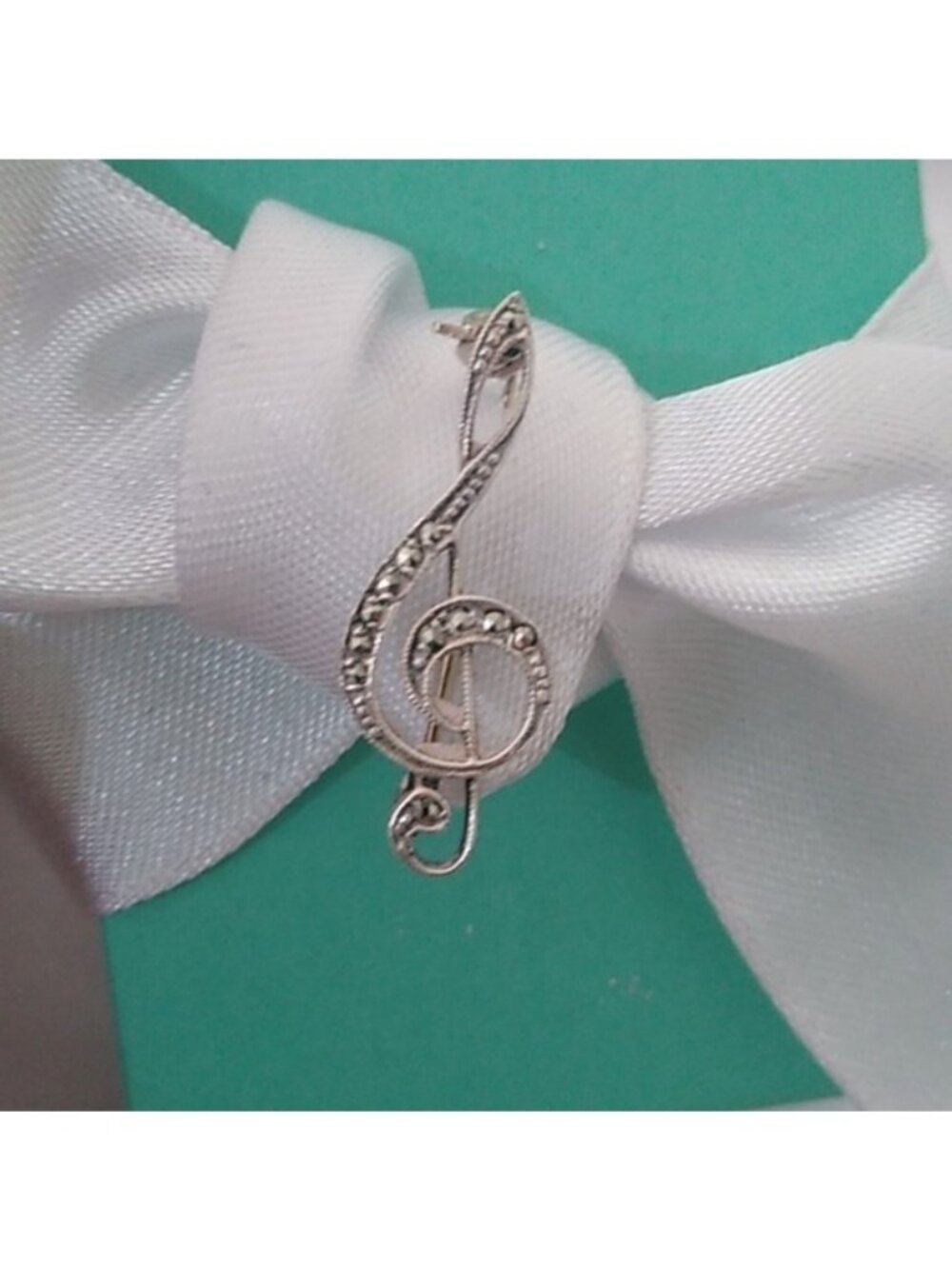 Sterling Silver + Marcasite Music Note Brooch Pin Germany